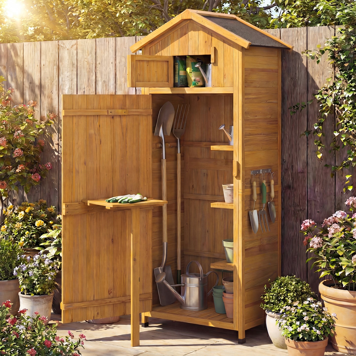 71 Inch Tall Garden Tool Storage Cabinet with Lockable Doors and Foldable Table-Natural