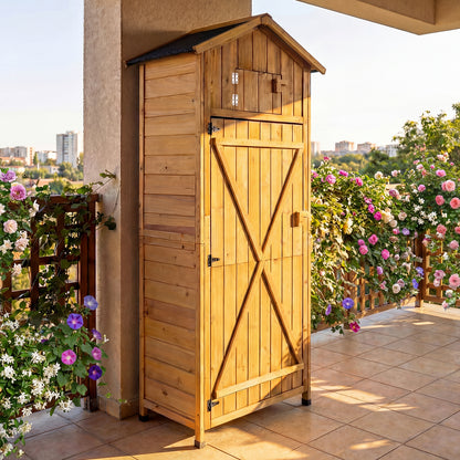 71 Inch Tall Garden Tool Storage Cabinet with Lockable Doors and Foldable Table-Natural