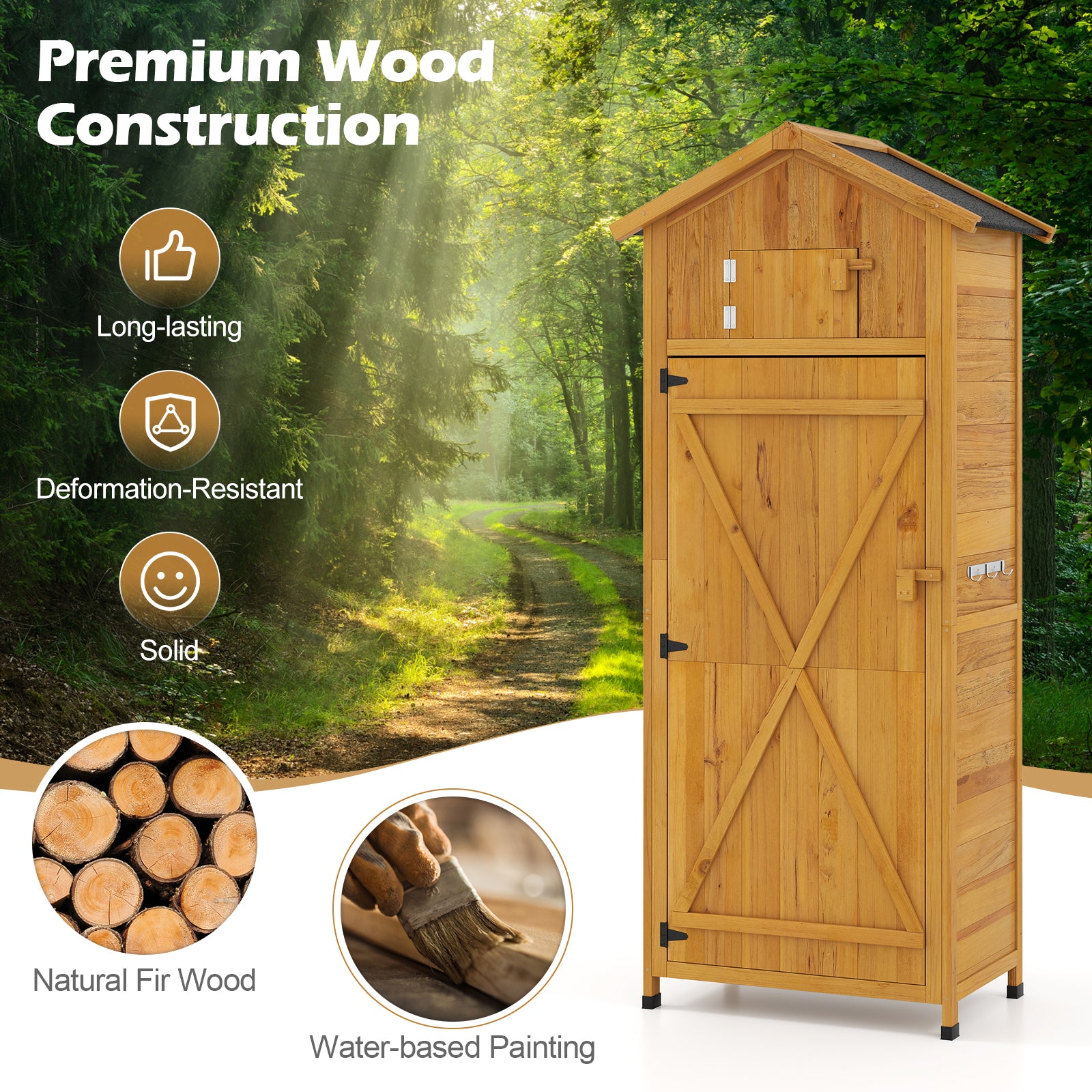 71 Inch Tall Garden Tool Storage Cabinet with Lockable Doors and Foldable Table-Natural