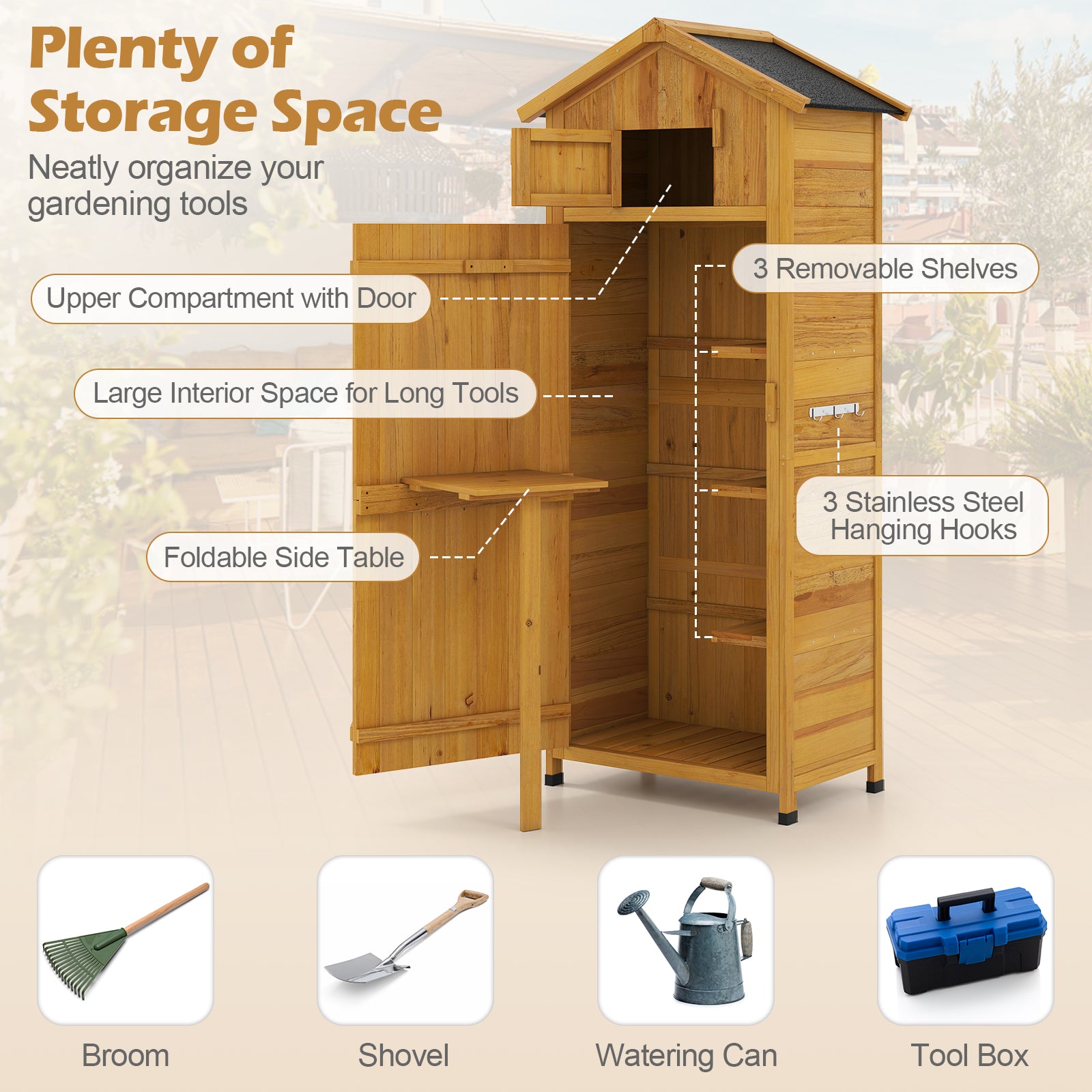 71 Inch Tall Garden Tool Storage Cabinet with Lockable Doors and Foldable Table-Natural
