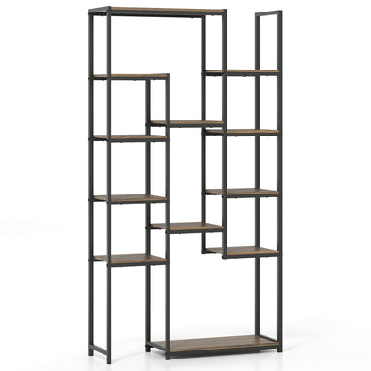 71 Inch Tall Vintage Geometric Bookshelf 12 Open Shelves-Walnut