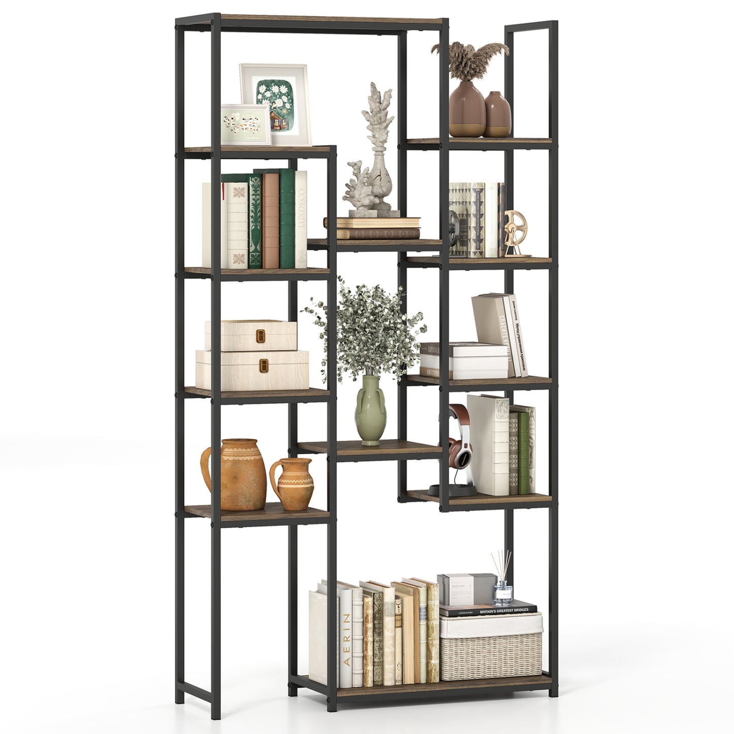 71 Inch Tall Vintage Geometric Bookshelf 12 Open Shelves-Walnut