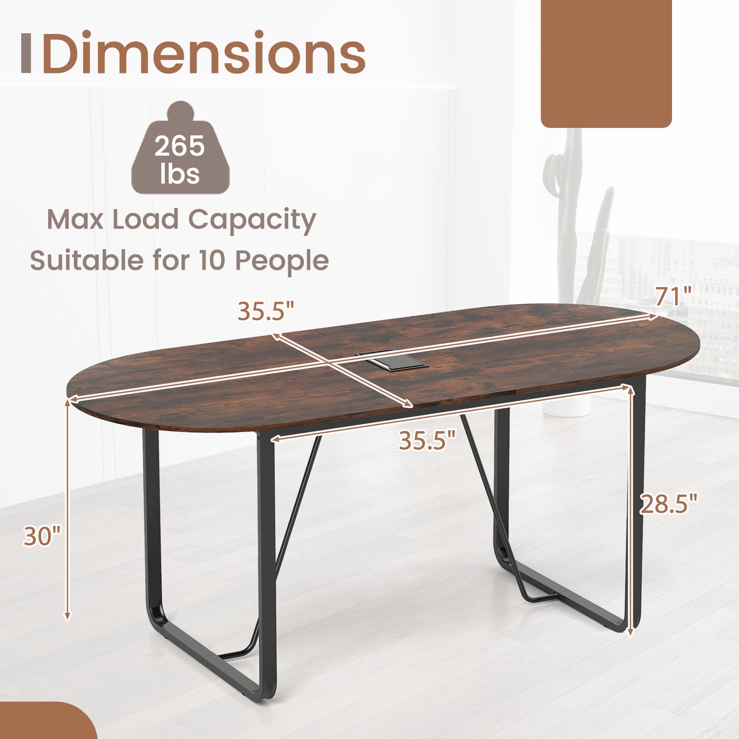 71 Inches Executive Table Oval Home Office Table with Cable Management Hole-Rustic Brown