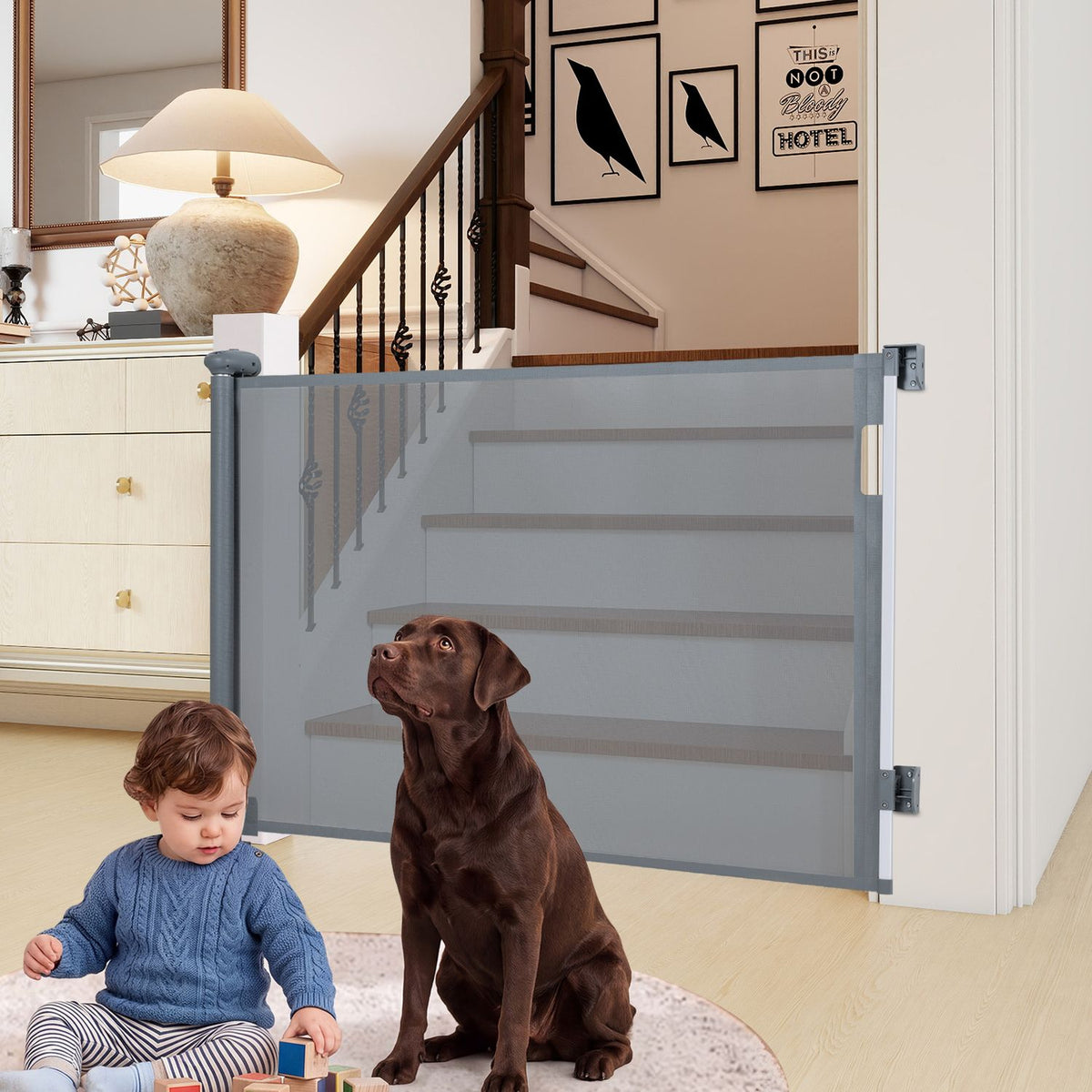 71" Retractable Baby and Dog Gate 33.5" Tall with Safety Lock and No Bottom Bar-Gray