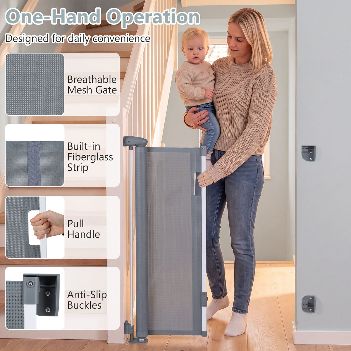 71" Retractable Baby and Dog Gate 33.5" Tall with Safety Lock and No Bottom Bar-Gray