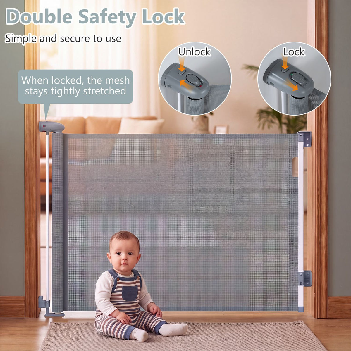 71" Retractable Baby and Dog Gate 33.5" Tall with Safety Lock and No Bottom Bar-Gray