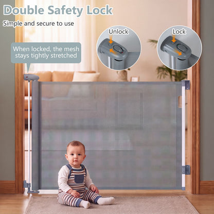 71" Retractable Baby and Dog Gate 33.5" Tall with Safety Lock and No Bottom Bar-Gray