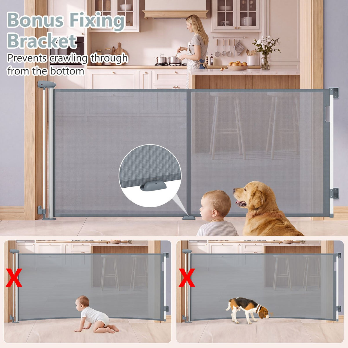 71" Retractable Baby and Dog Gate 33.5" Tall with Safety Lock and No Bottom Bar-Gray