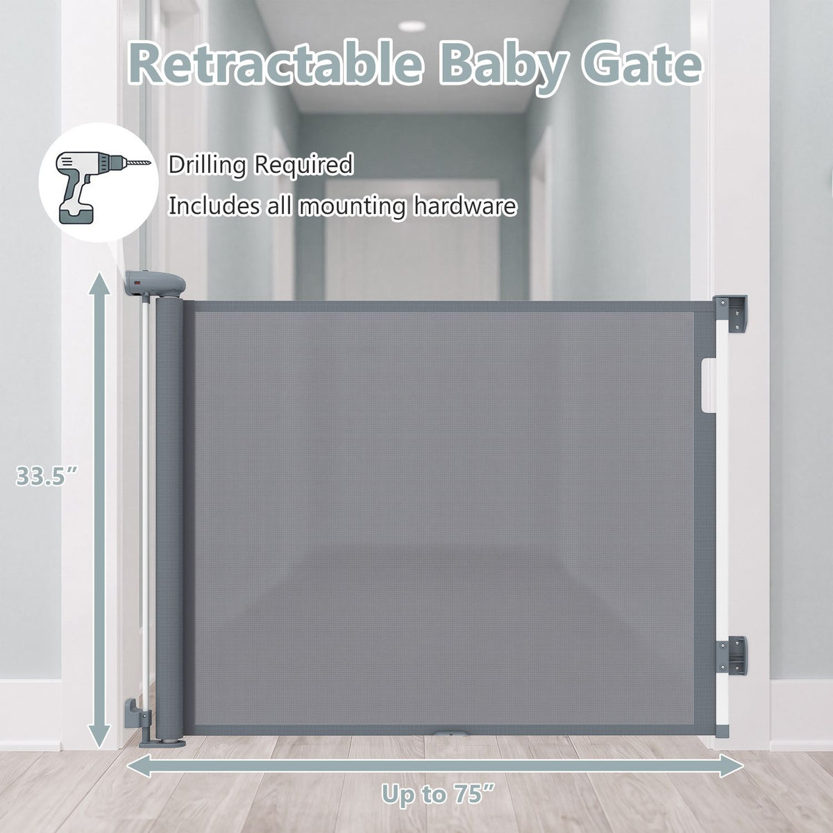 71" Retractable Baby and Dog Gate 33.5" Tall with Safety Lock and No Bottom Bar-Gray
