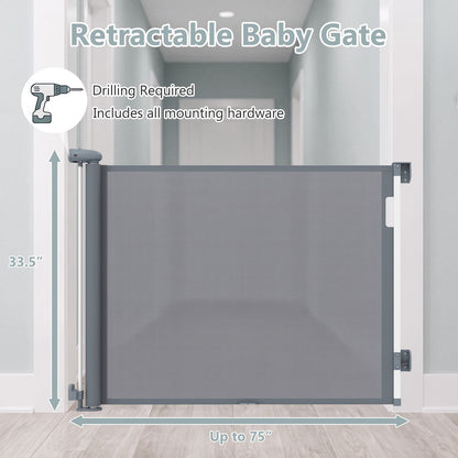 71" Retractable Baby and Dog Gate 33.5" Tall with Safety Lock and No Bottom Bar-Gray