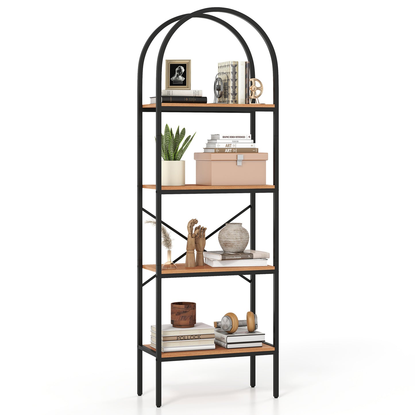 4-Tier Arched Bookcase with Metal Frame, 71" Tall