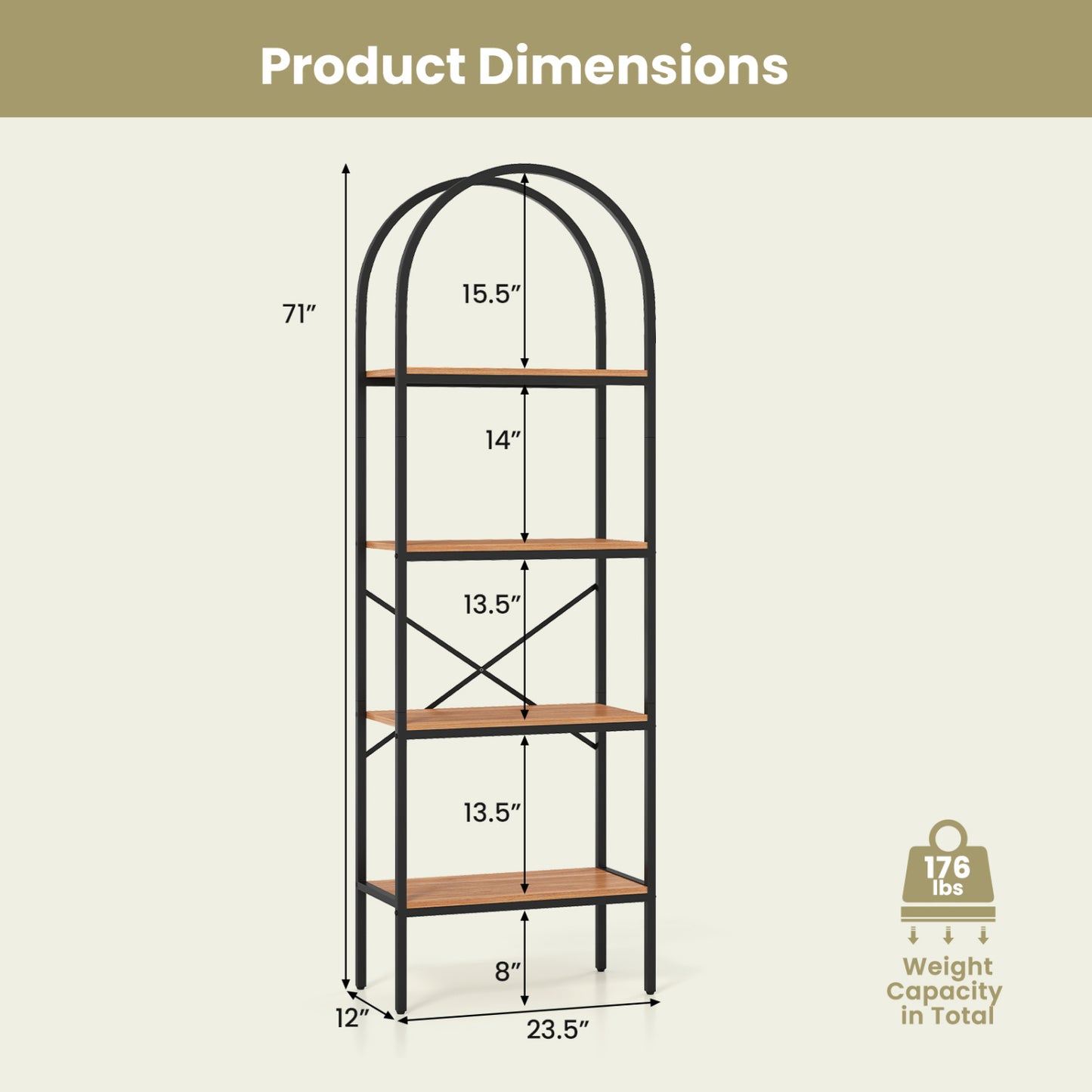 4-Tier Arched Bookcase with Metal Frame, 71" Tall