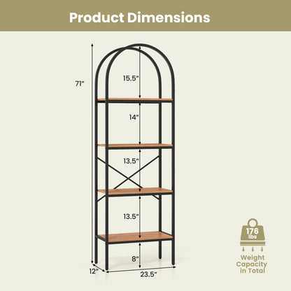 4-Tier Arched Bookcase with Metal Frame, 71" Tall