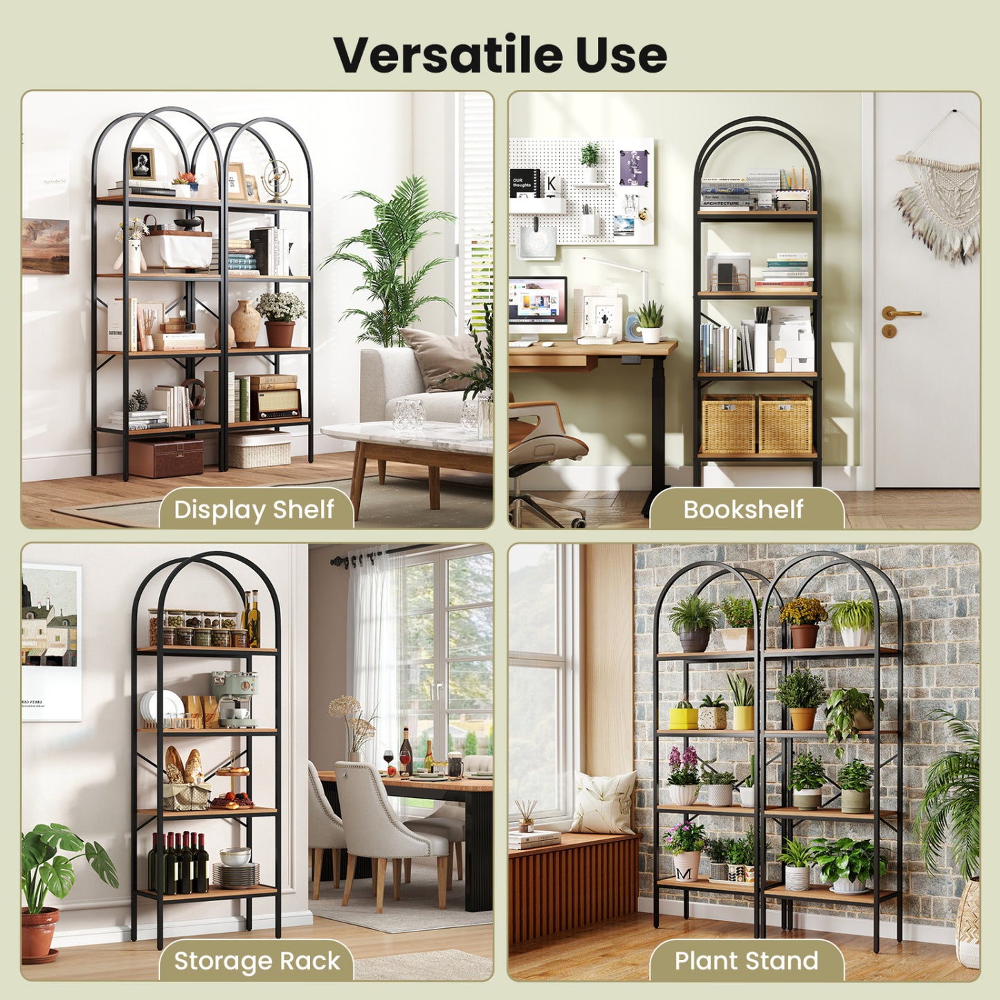 4-Tier Arched Bookcase with Metal Frame, 71" Tall