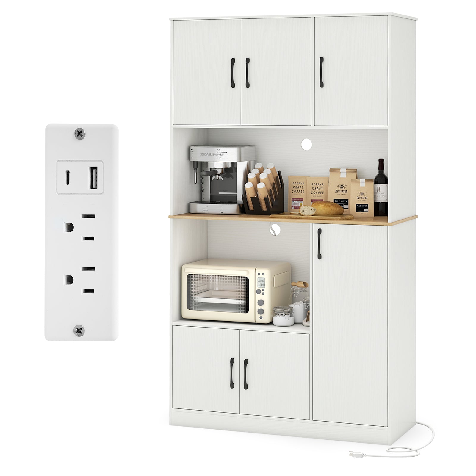 71" Tall Kitchen Pantry Cabinet with Charging Station Wooden Buffet Cupboard Sideboard-White