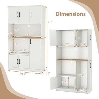 71" Tall Kitchen Pantry Cabinet with Charging Station Wooden Buffet Cupboard Sideboard-White