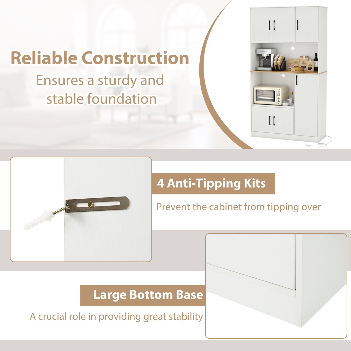 71" Tall Kitchen Pantry Cabinet with Charging Station Wooden Buffet Cupboard Sideboard-White