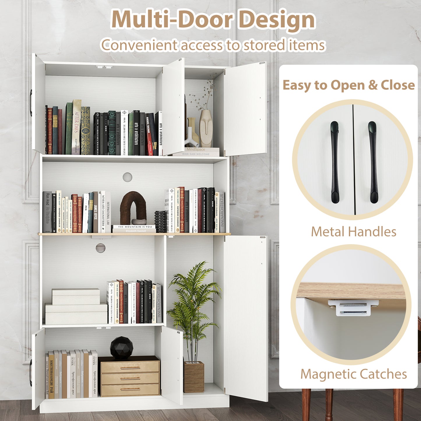 71" Tall Kitchen Pantry Cabinet with Charging Station Wooden Buffet Cupboard Sideboard-White