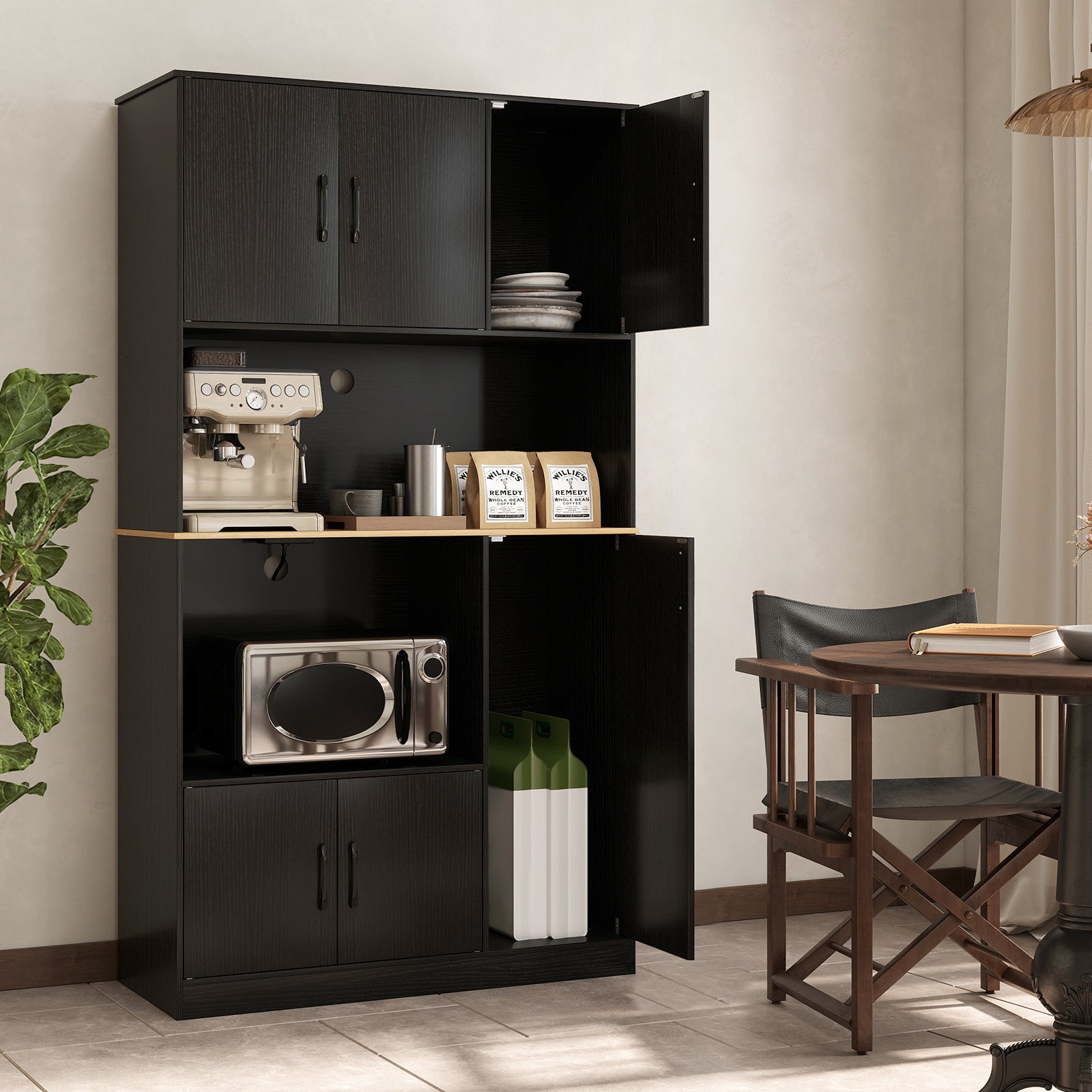 71" Tall Kitchen Pantry Cabinet with Charging Station Wooden Buffet Cupboard Sideboard-Black