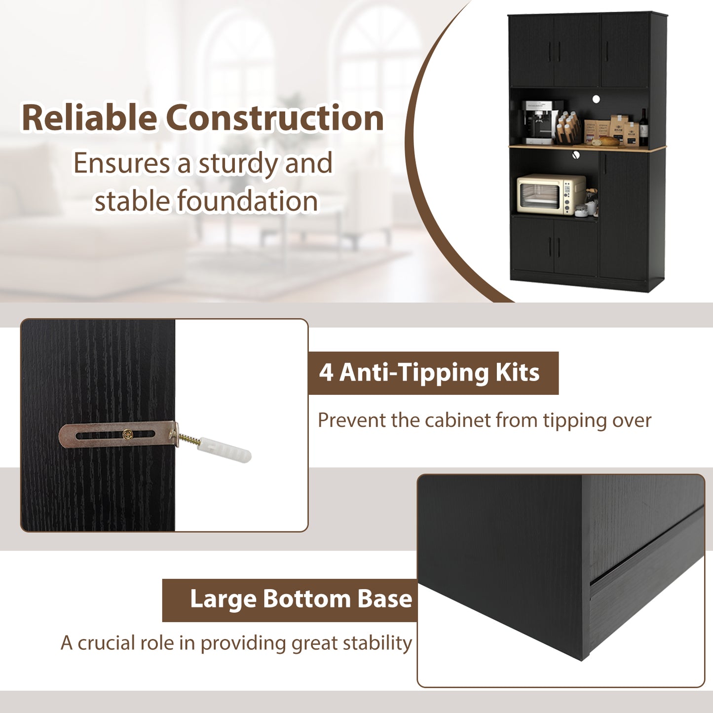 71" Tall Kitchen Pantry Cabinet with Charging Station Wooden Buffet Cupboard Sideboard-Black