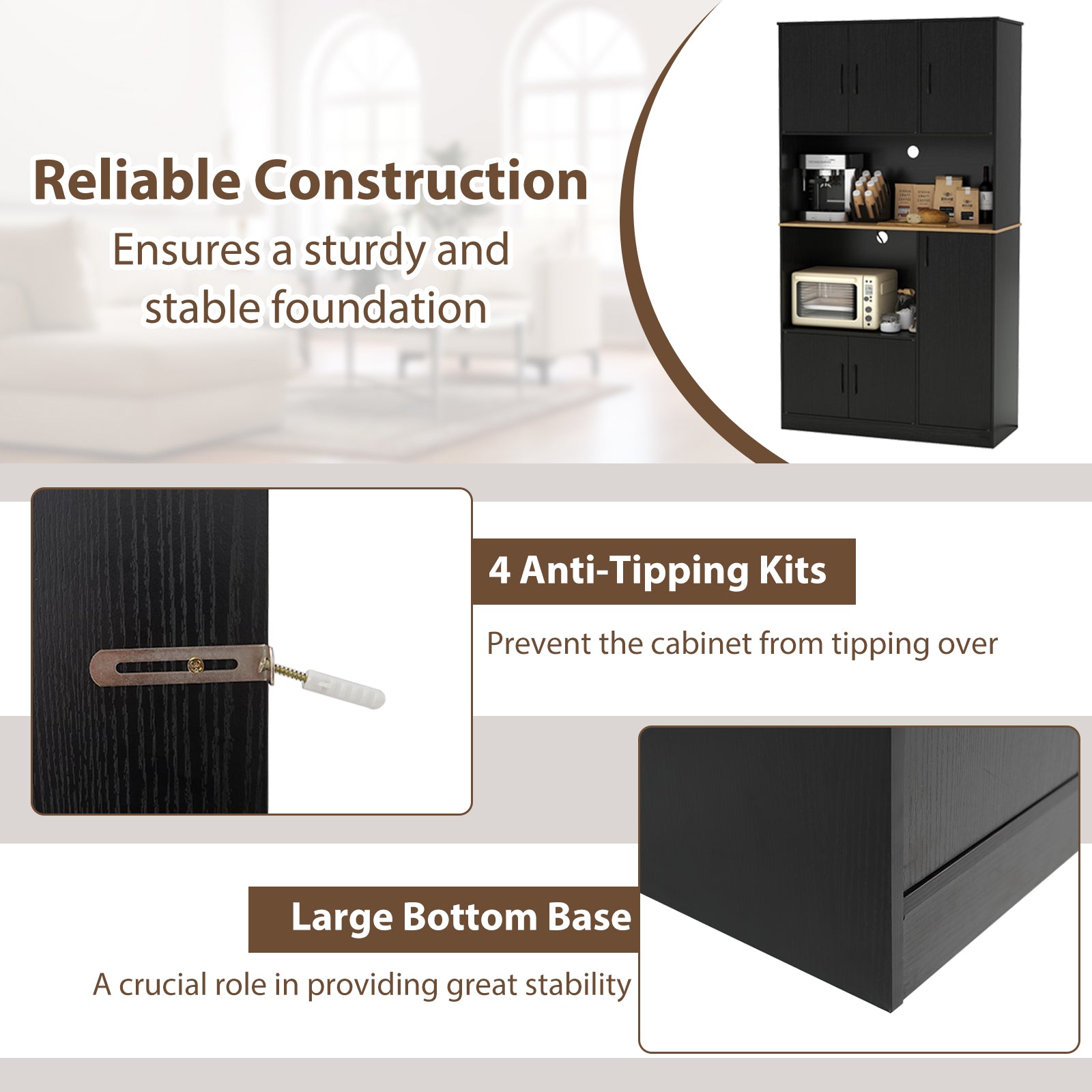 71" Tall Kitchen Pantry Cabinet with Charging Station Wooden Buffet Cupboard Sideboard-Black