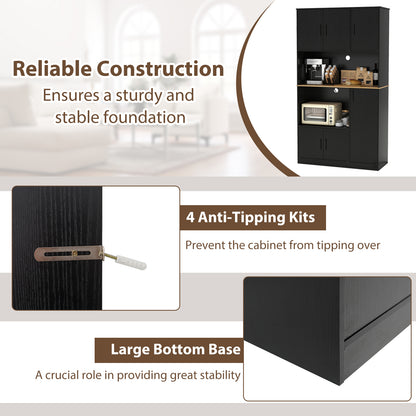 71" Tall Kitchen Pantry Cabinet with Charging Station Wooden Buffet Cupboard Sideboard-Black