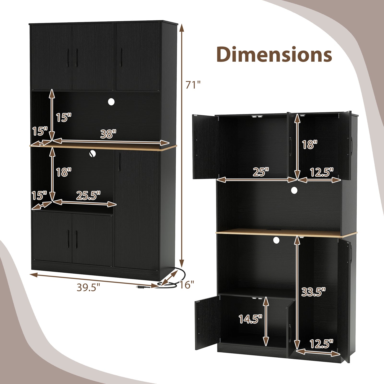 71" Tall Kitchen Pantry Cabinet with Charging Station Wooden Buffet Cupboard Sideboard-Black