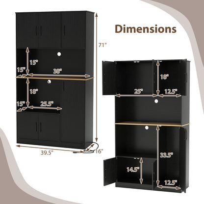 71" Tall Kitchen Pantry Cabinet with Charging Station Wooden Buffet Cupboard Sideboard-Black