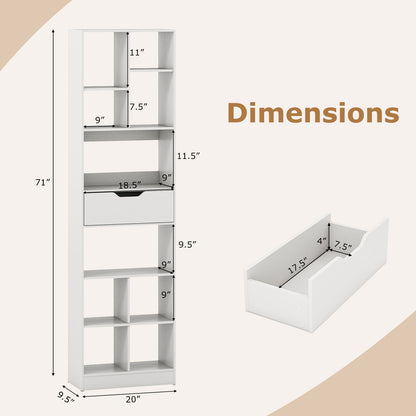 71inch Tall Freestanding Bookcase with Drawer 10-Cube Storage Organizer-White