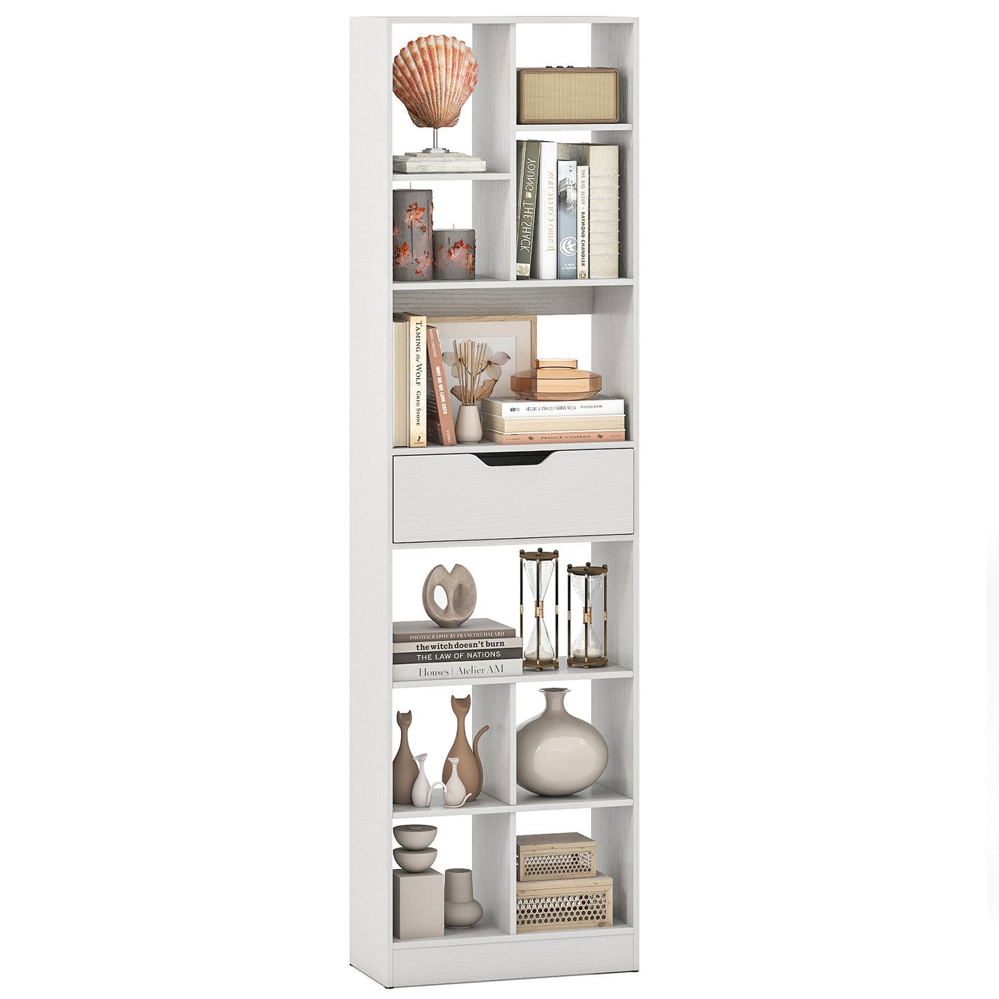 71inch Tall Freestanding Bookcase with Drawer 10-Cube Storage Organizer-White
