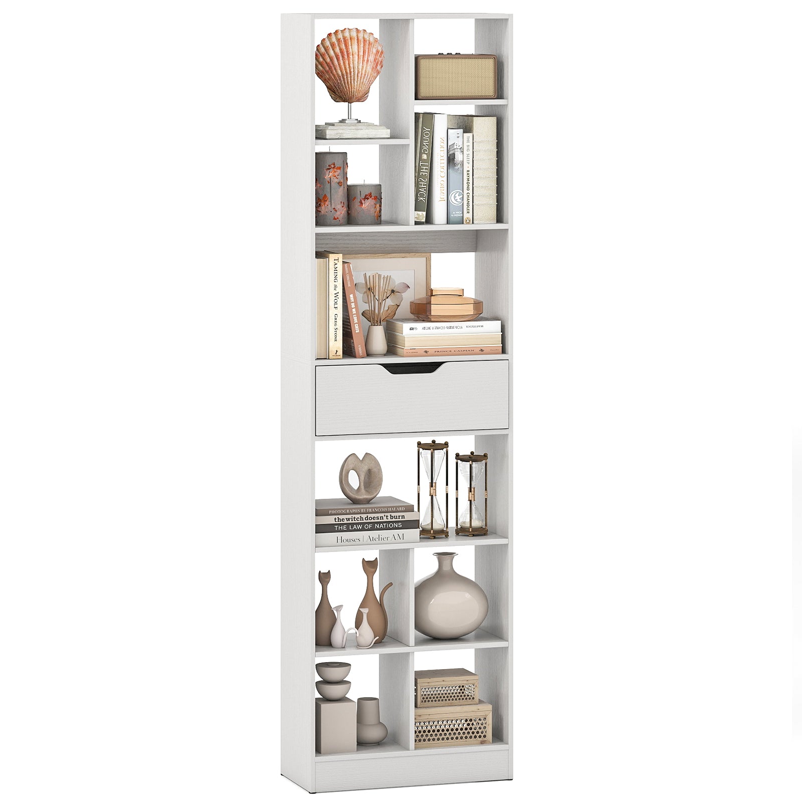 71inch Tall Freestanding Bookcase with Drawer 10-Cube Storage Organizer-White
