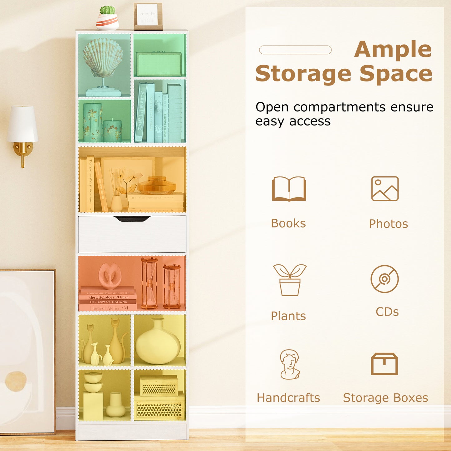 71inch Tall Freestanding Bookcase with Drawer 10-Cube Storage Organizer-White