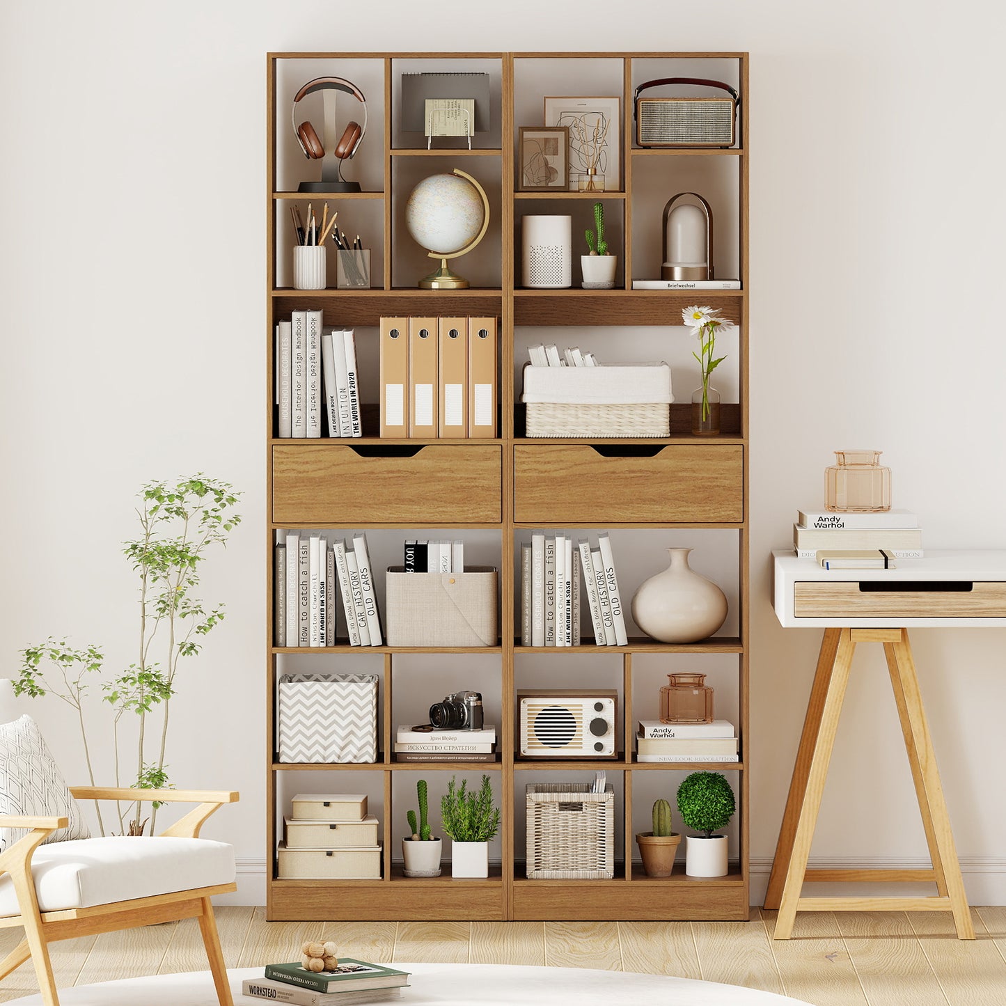 71inch Tall Freestanding Bookcase with Drawer 10-Cube Storage Organizer-Natural