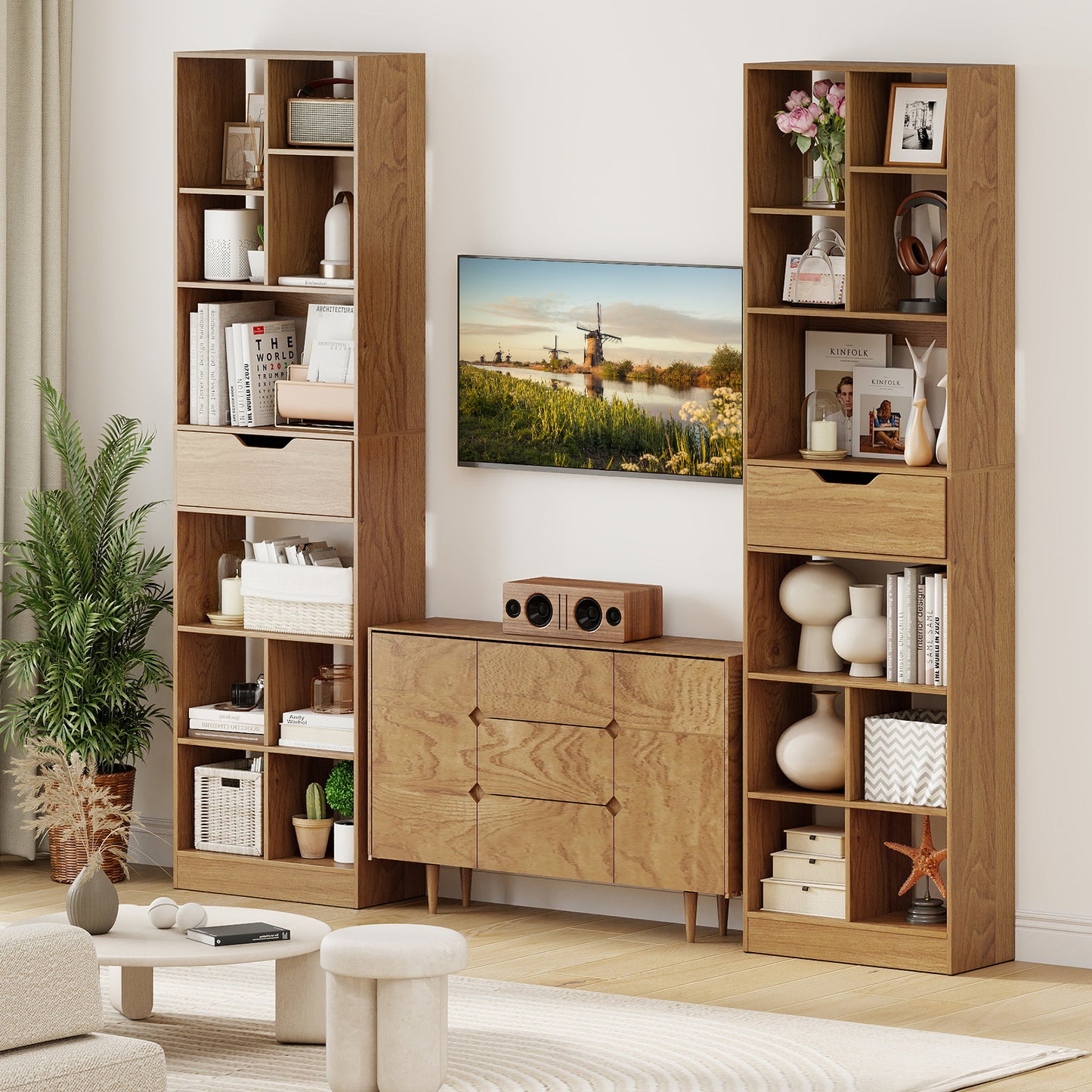 71inch Tall Freestanding Bookcase with Drawer 10-Cube Storage Organizer-Natural