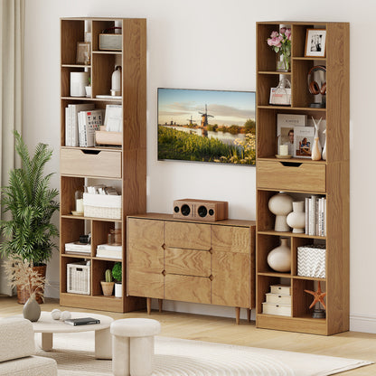 71inch Tall Freestanding Bookcase with Drawer 10-Cube Storage Organizer-Natural