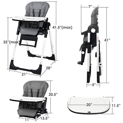 4-in-1 High Chair–Booster Seat with Adjustable Height and Recline-Navy - Gray