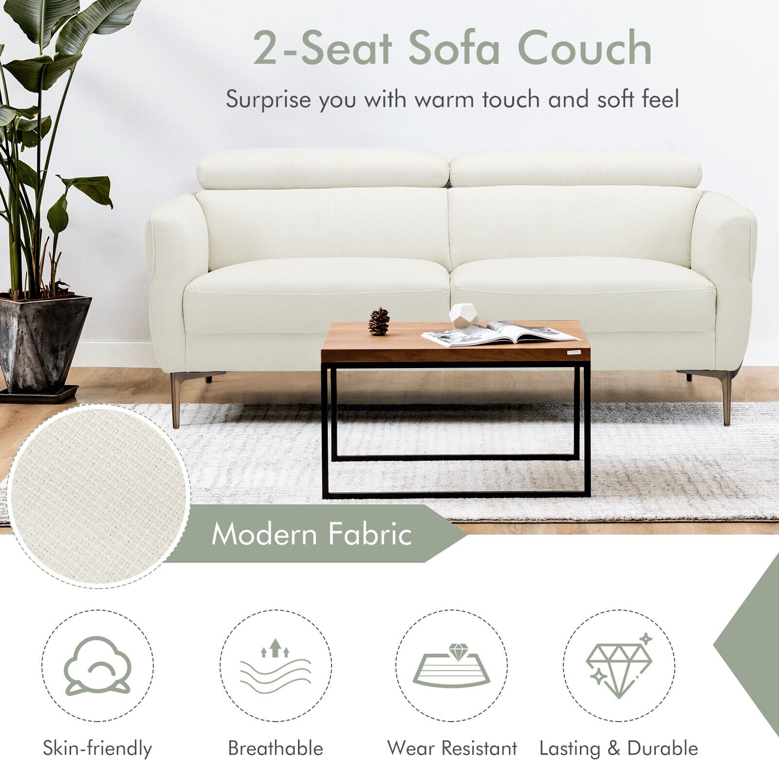 72.5 Inch Modern Fabric Loveseat Sofa Couch with Adjustable Headrest-White