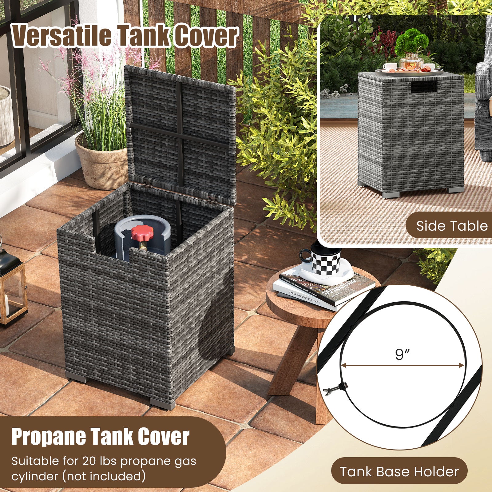 2-Piece Outdoor Rattan Fire Table Set 32 Inch Rectangle Gas Firepit with Tank Cover-Gray