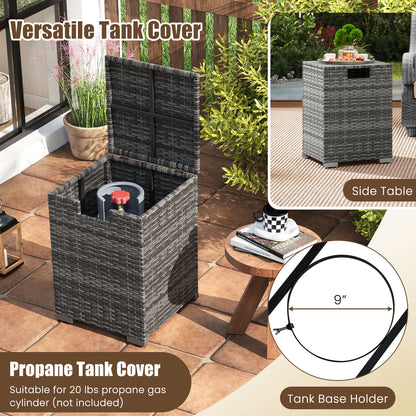 2-Piece Outdoor Rattan Fire Table Set 32 Inch Rectangle Gas Firepit with Tank Cover-Gray