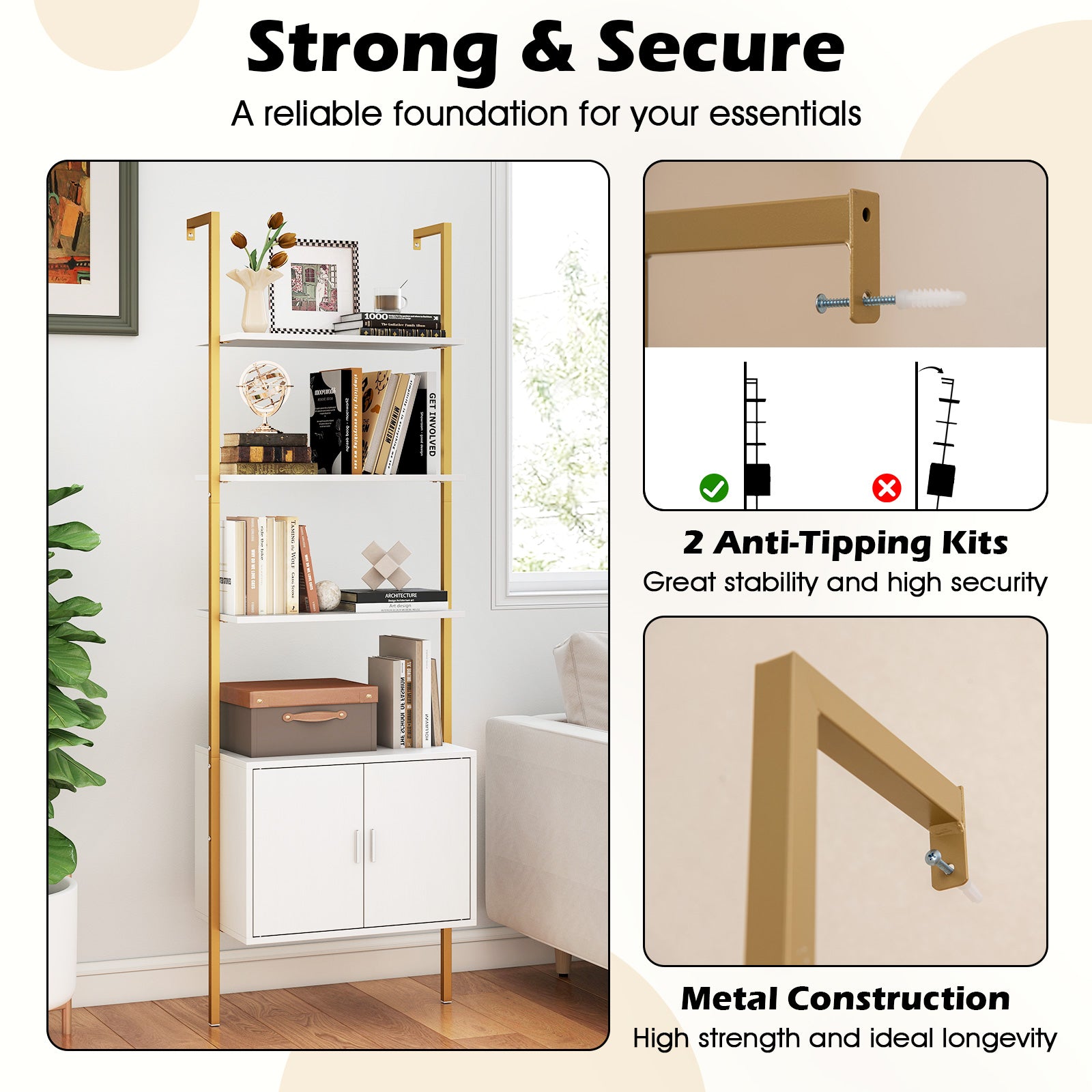 72.5 Inch Tall Bookshelf with Cabinet Anti-Tipping Kits and Metal Frame-White
