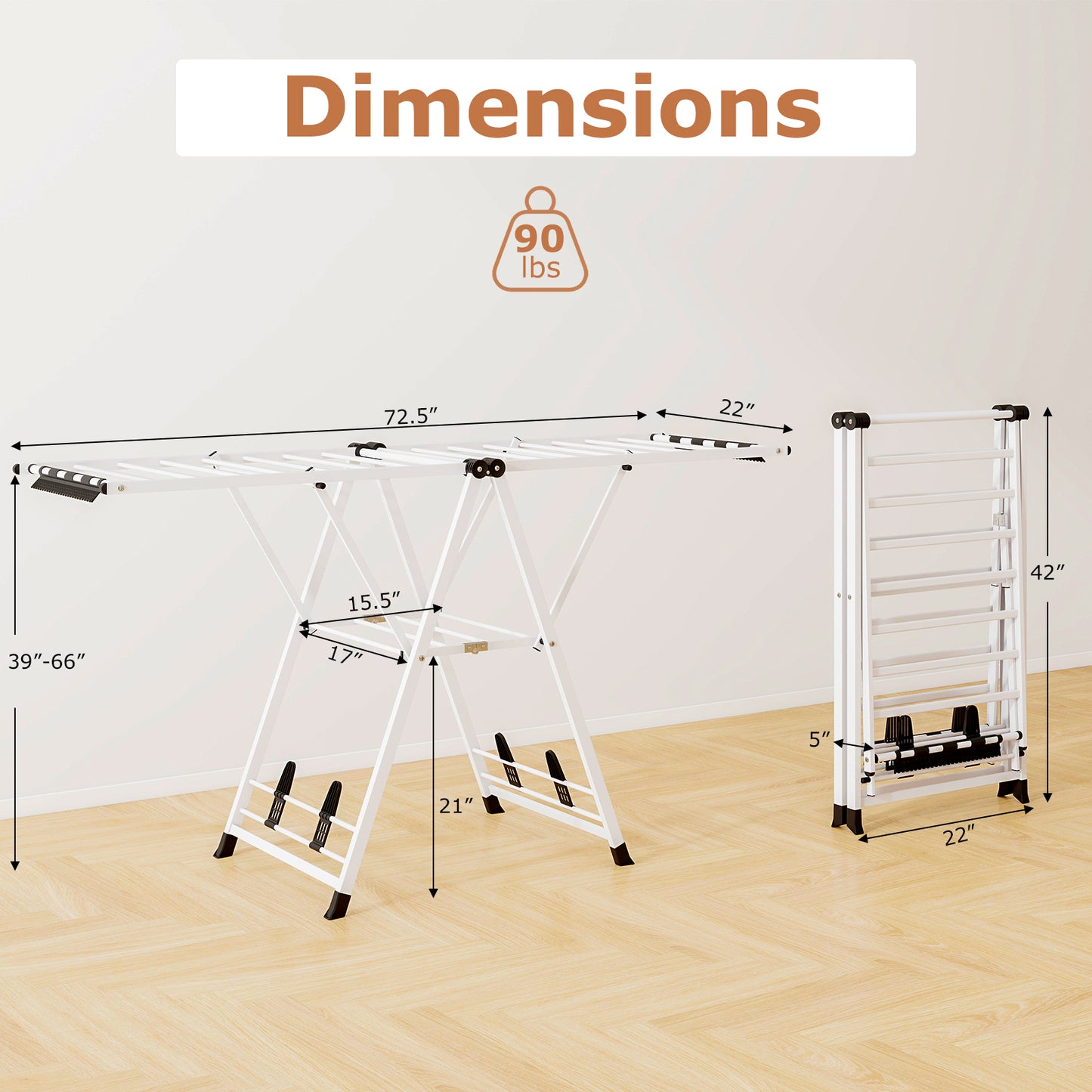 72.5 Inches Clothes Drying Rack with Height Adjustable Wings-White