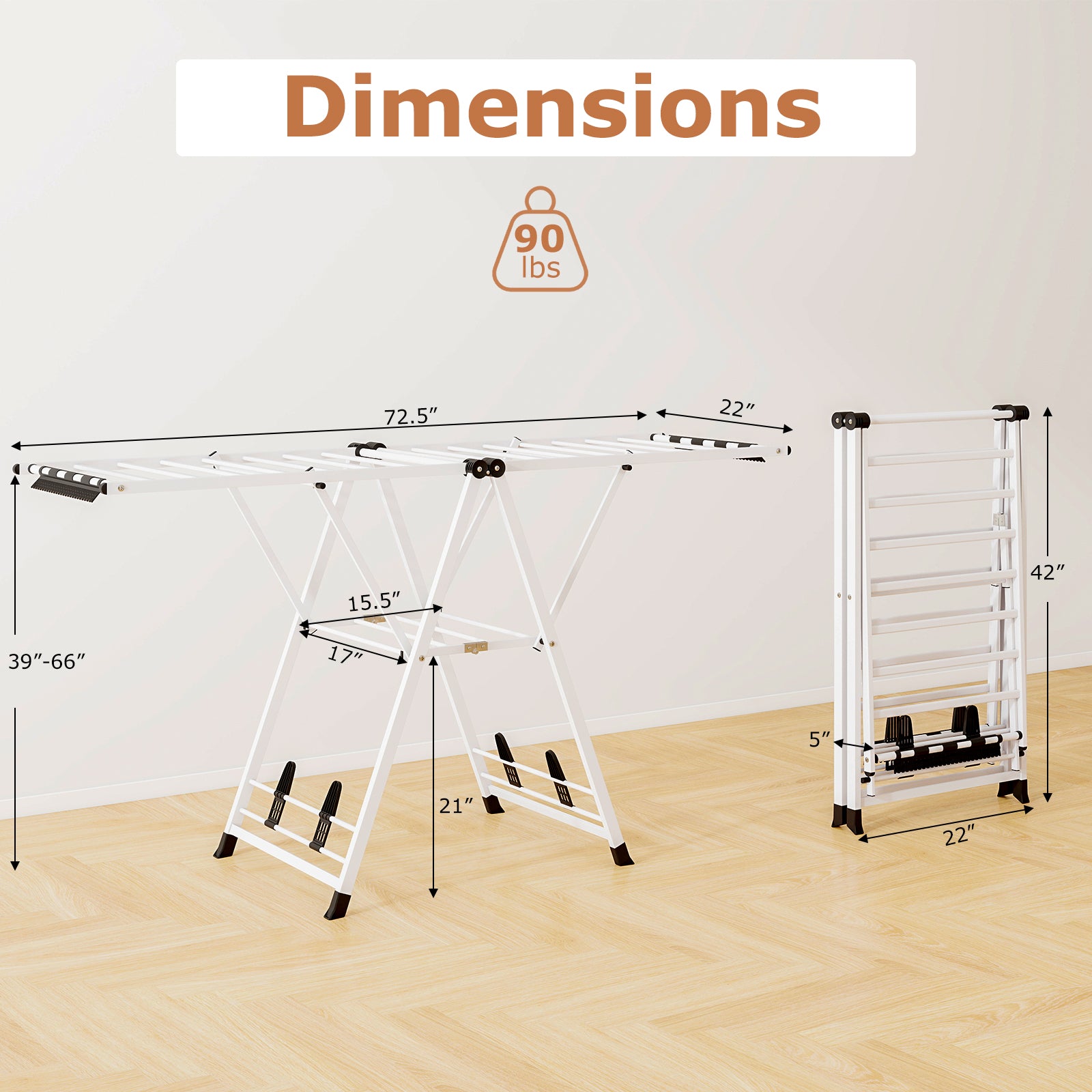 72.5 Inches Clothes Drying Rack with Height Adjustable Wings-White