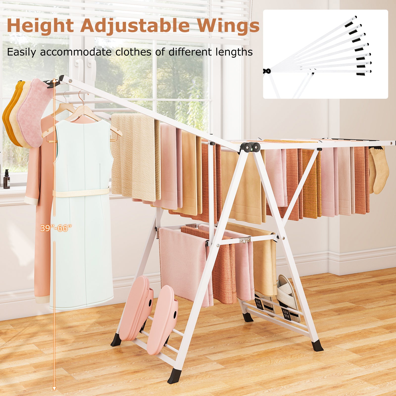 72.5 Inches Clothes Drying Rack with Height Adjustable Wings-White