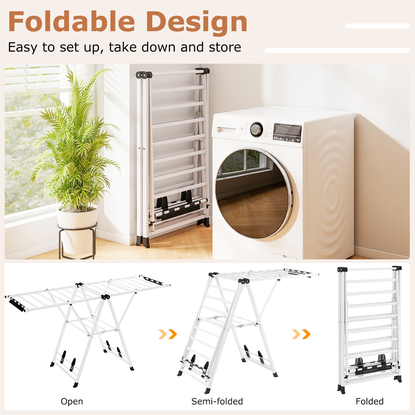 72.5 Inches Clothes Drying Rack with Height Adjustable Wings-White