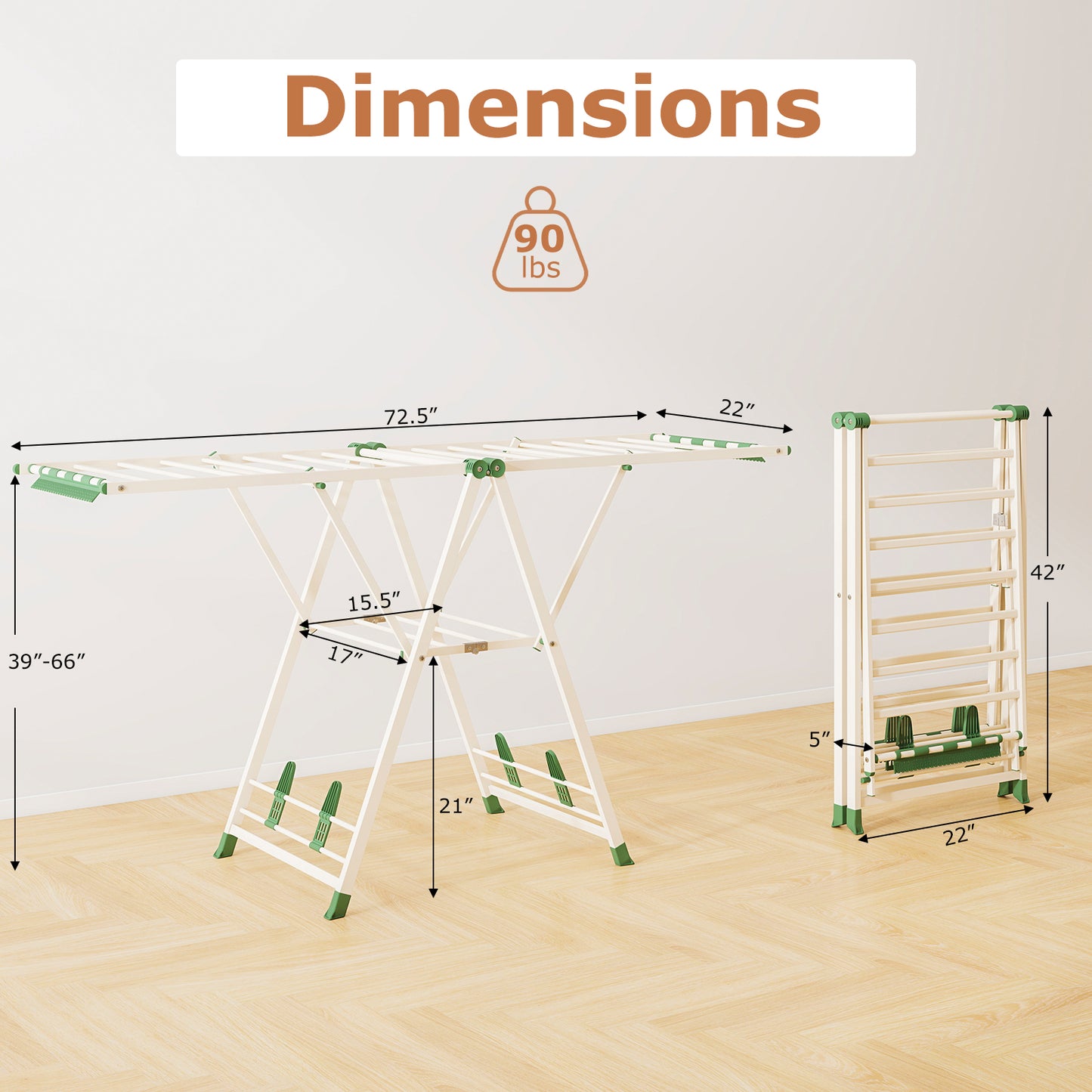 72.5 Inches Clothes Drying Rack with Height Adjustable Wings-Beige