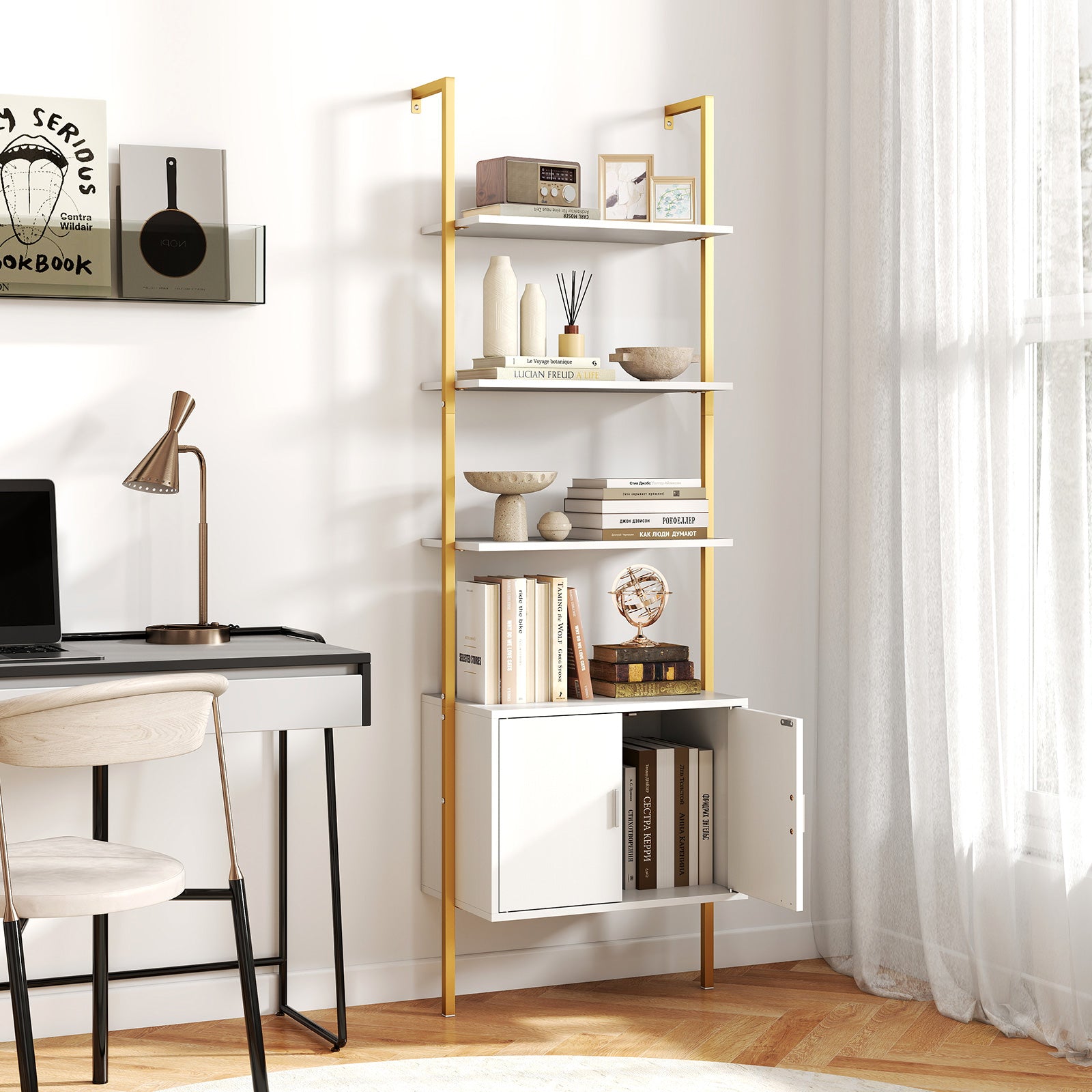 72.5 Inch Tall Bookshelf with Cabinet Anti-Tipping Kits and Metal Frame-White