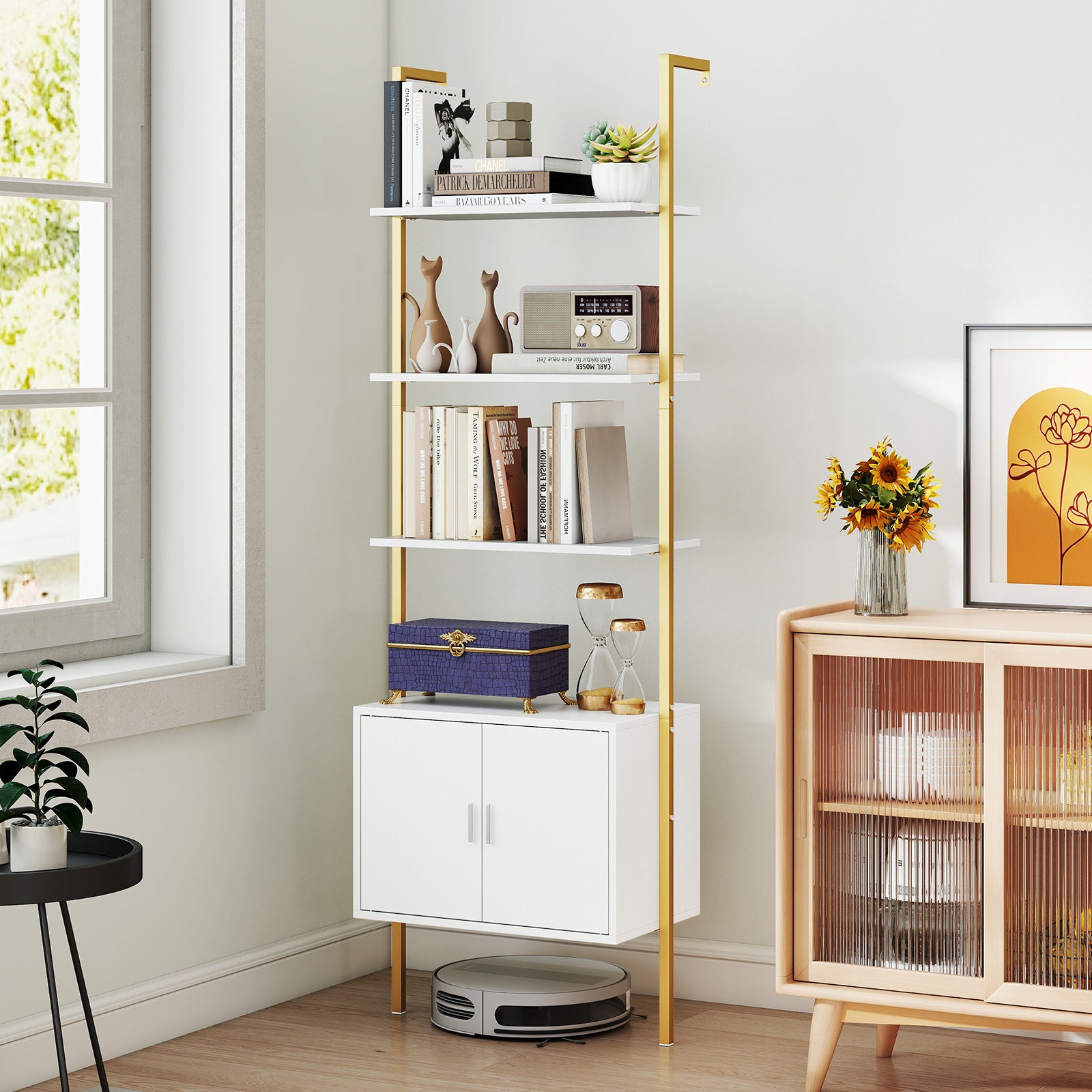 72.5 Inch Tall Bookshelf with Cabinet Anti-Tipping Kits and Metal Frame-White