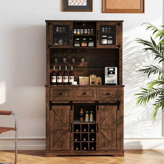 72 Inch Coffee Bar Cabinet with Drawers and Sliding Barn Doors