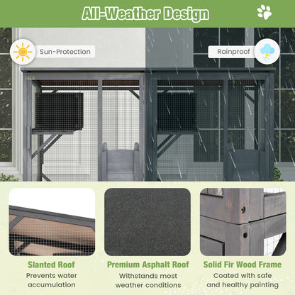 72 Inch Large Wooden Cat House Catio Kitten Enclosure on Wheels with Weatherproof Asphalt Roof-Gray