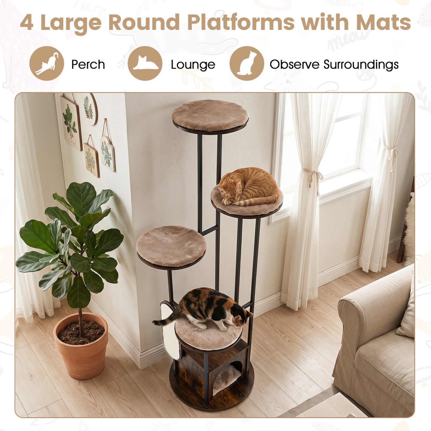 72-Inch Multi-Level Cat Tree with Condo and Perches